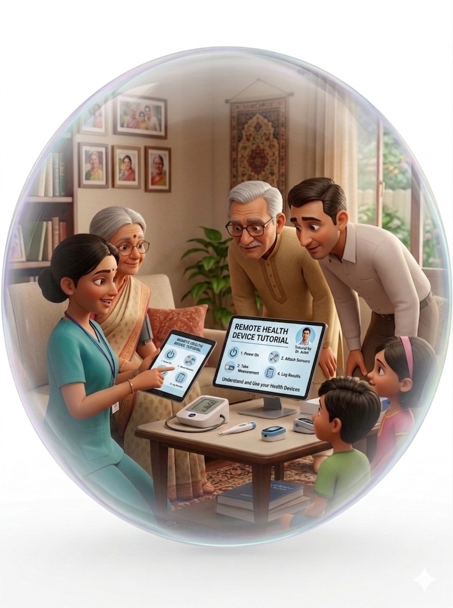 A nurse helping a family learn the YTAL remote health system at home