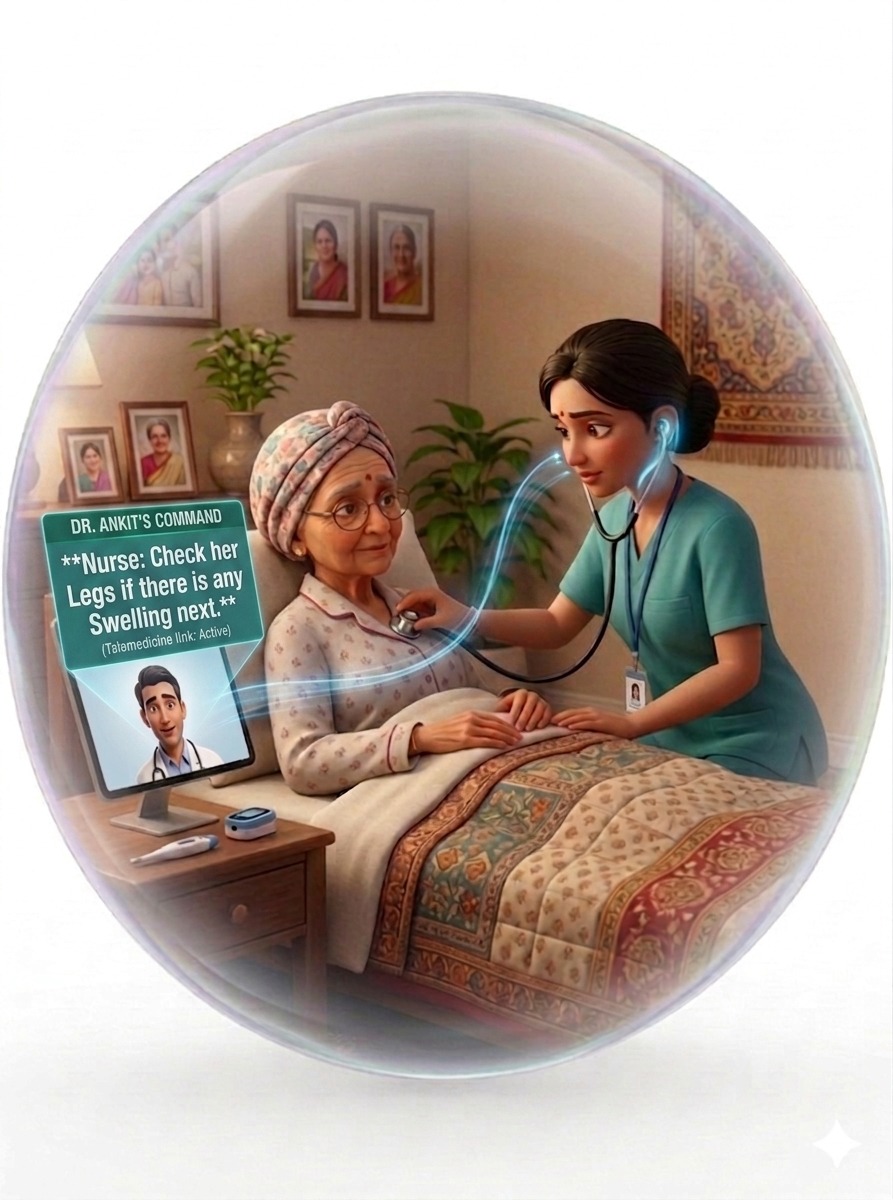 A doctor reviewing an elderly patient at home with nurse support and AI-guided care notes